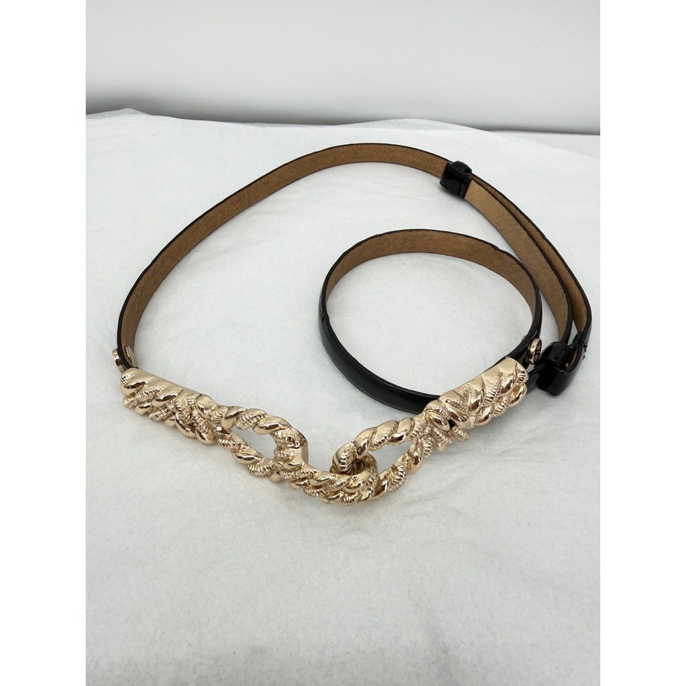 Metal Gold Rope Hook Buckle Patent Leather Skinny Thin Adjustable Belt Sz XL/1X